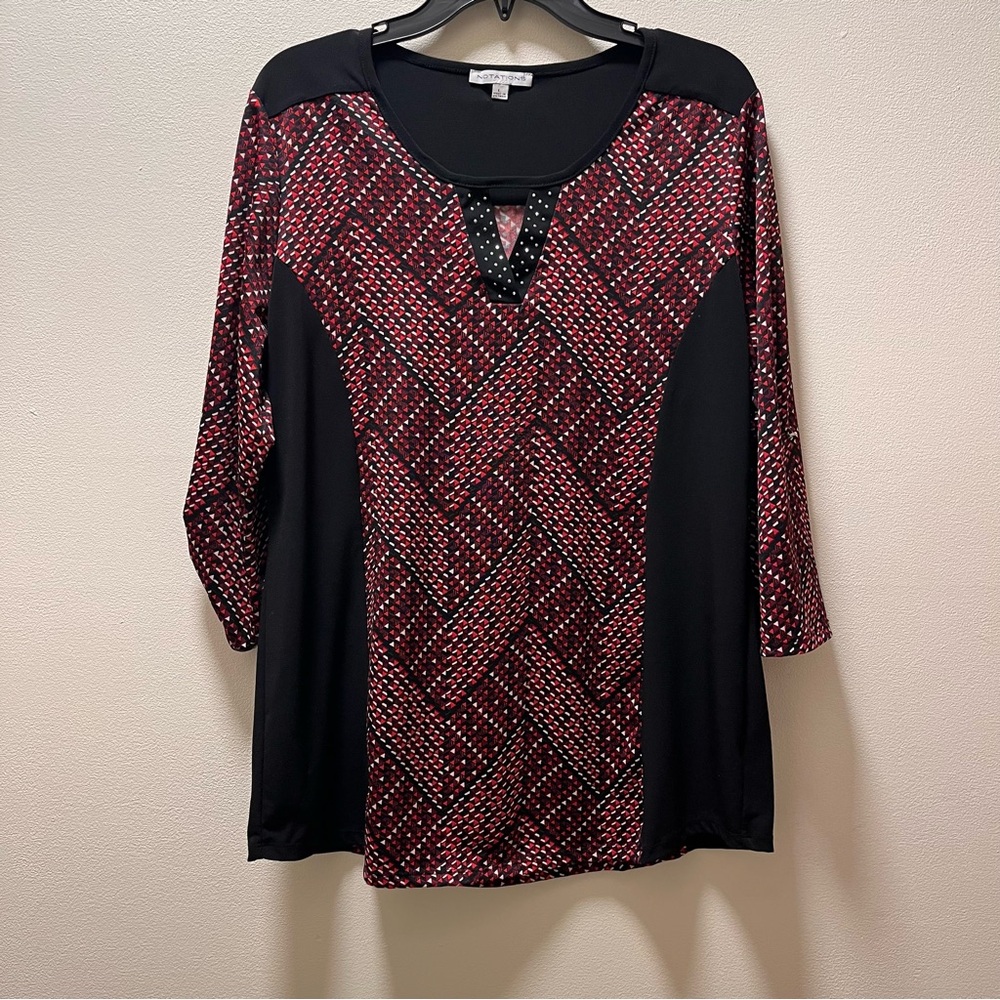Notations Tunic Pull On Easy Wear Classic Top Sz L, Black with Geometric Pattern
